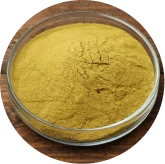 Corosolic acid (banaba leaf extract): golden extract powder in a dish